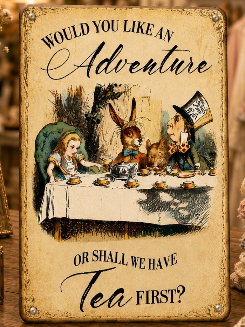 Alice In Wonderland Tea First Metal Tin Sign Whimsical Wall Decor
